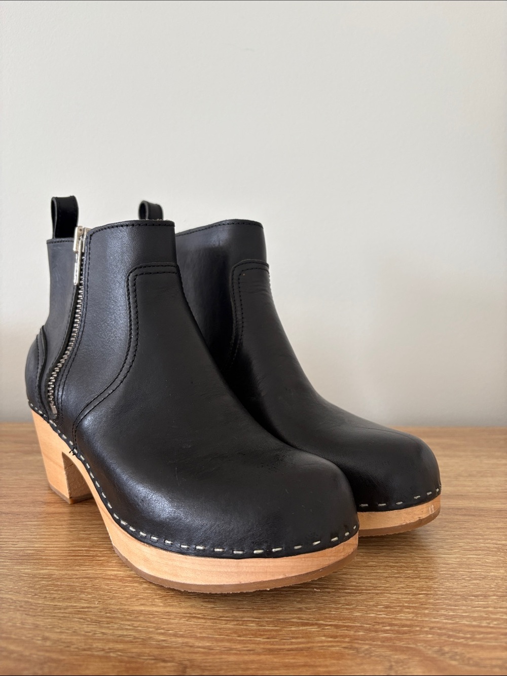 Swedish Hasbeens Black Leather Toffel Booties with Natural Wood Heel